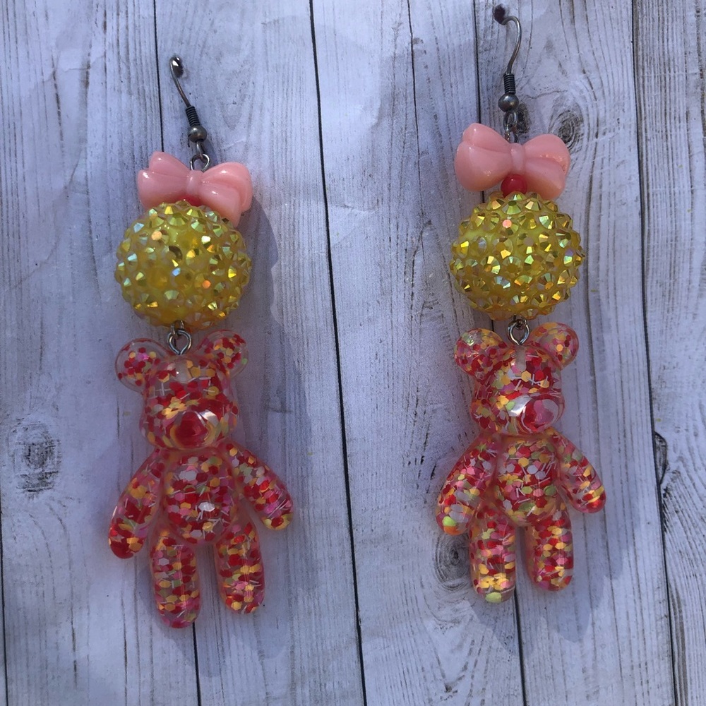 Teddy bear confetti orange yellow bow earrings bow
